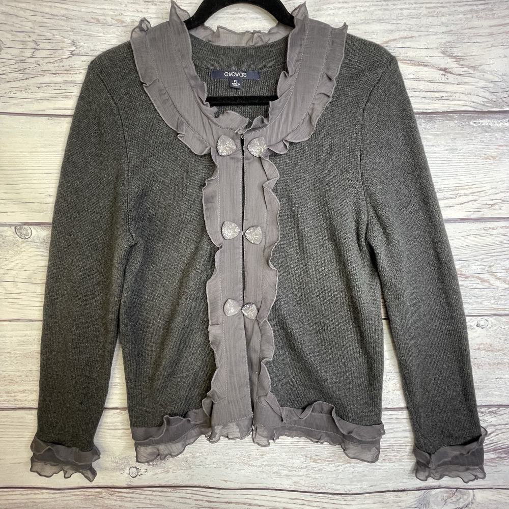 Chadwicks Cardigan‎ Sweater Size L Petite Ruffles Bling Preppy Old Money Luxury